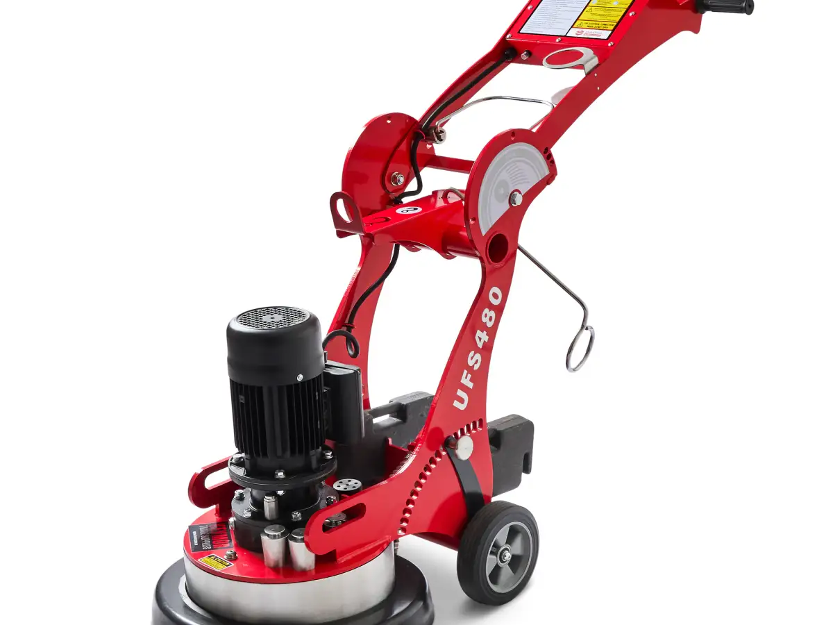 Red Kevmor UFS480 DFG professional floor grinder photographed as a complete machine on white