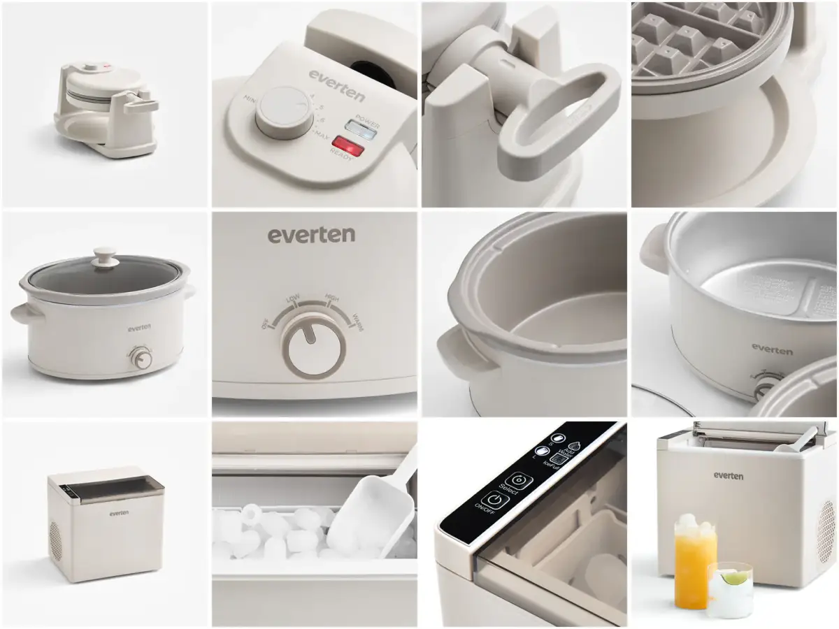 White-background product collage showing Everten air fryers, waffle maker, slow cooker, and ice makers photographed for Kitchen Warehouse