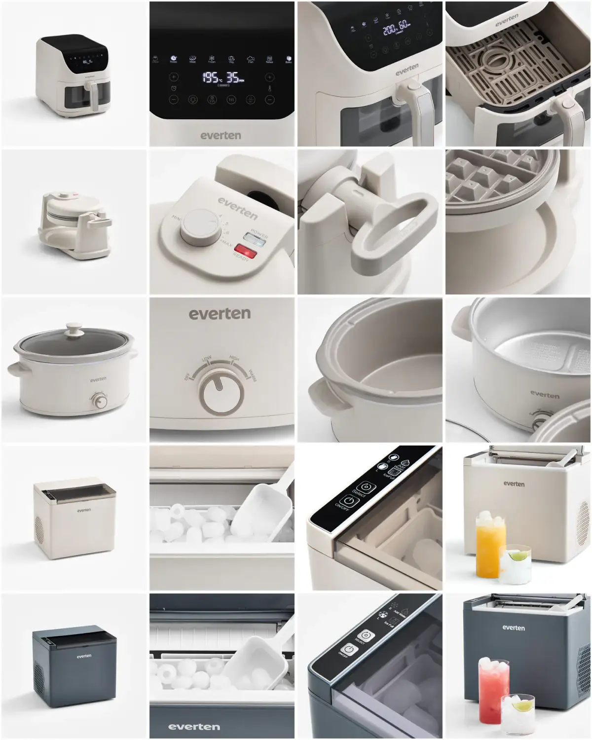 White-background product collage showing Everten air fryers, waffle maker, slow cooker, and ice makers photographed for Kitchen Warehouse