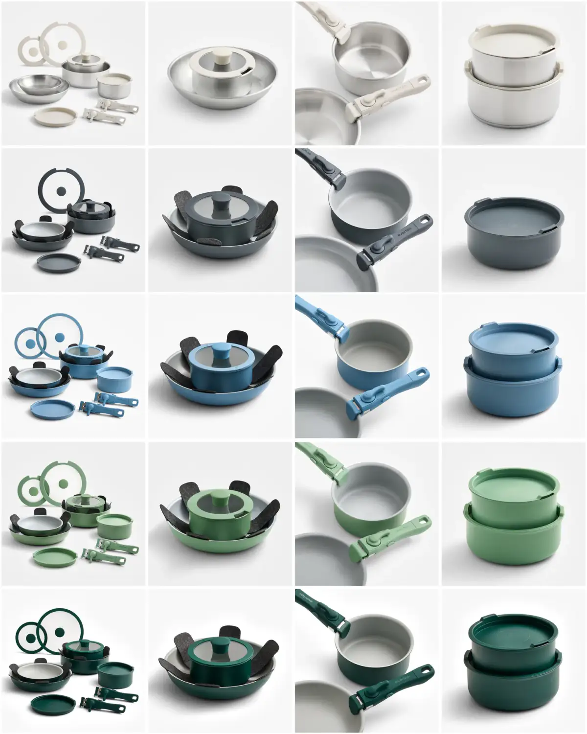 White-background product collage showing Everten removable-handle cookware sets in neutral, charcoal, blue, and green