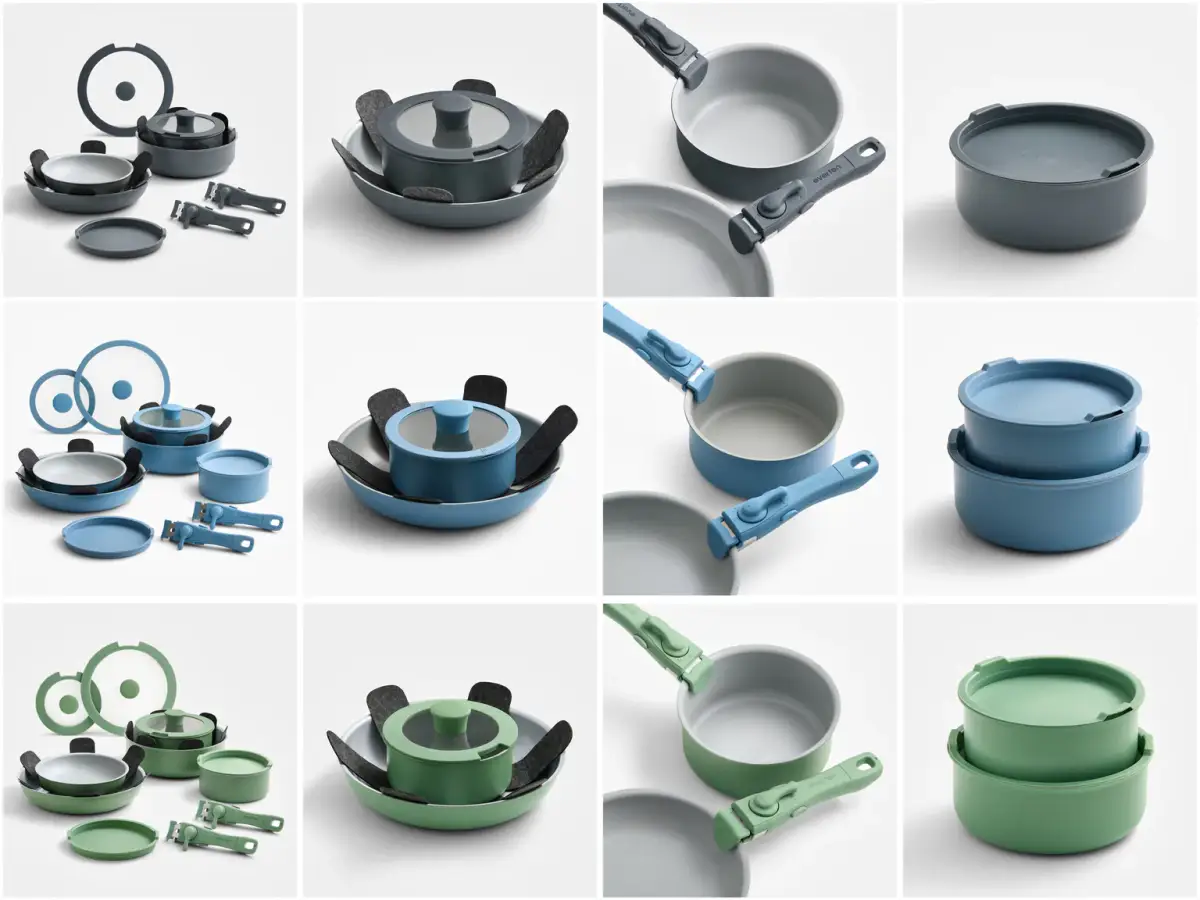 White-background product collage showing Everten removable-handle cookware sets in neutral, charcoal, blue, and green