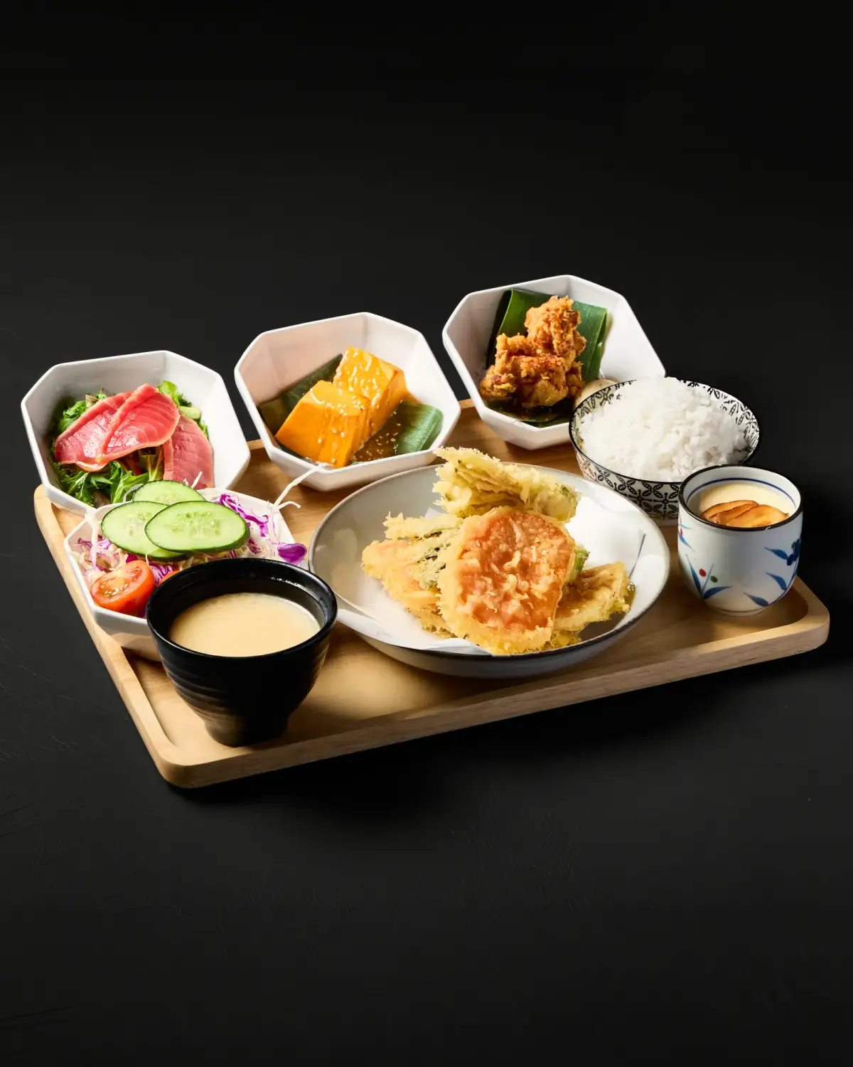 Japanese bento meal with rice, sides and soup at Kuza Urban Japanese Food.
