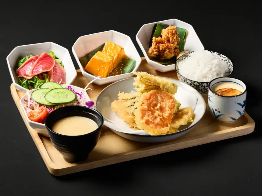 Japanese bento meal with rice, sides and soup at Kuza Urban Japanese Food.