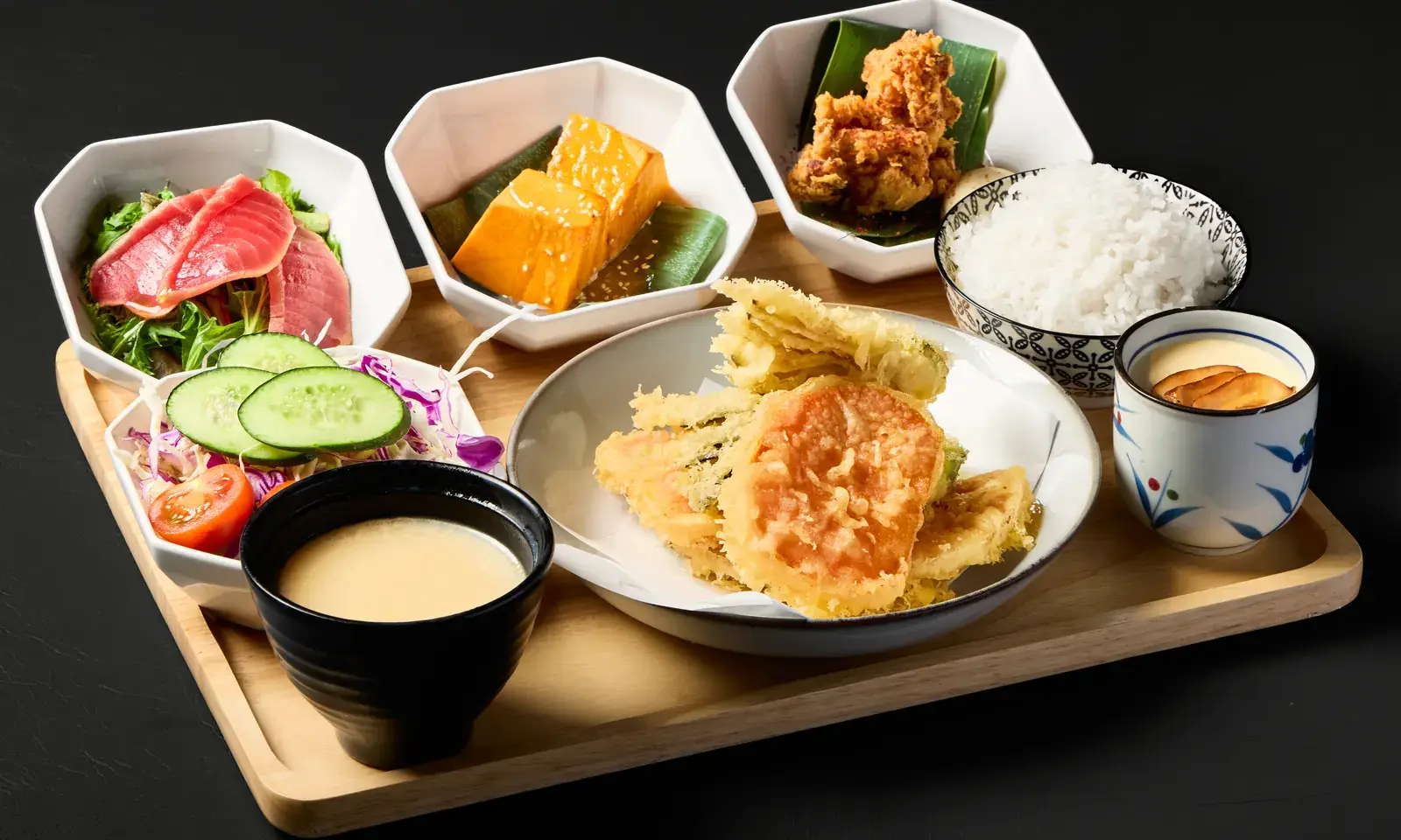 Japanese bento meal with rice, sides and soup at Kuza Urban Japanese Food.