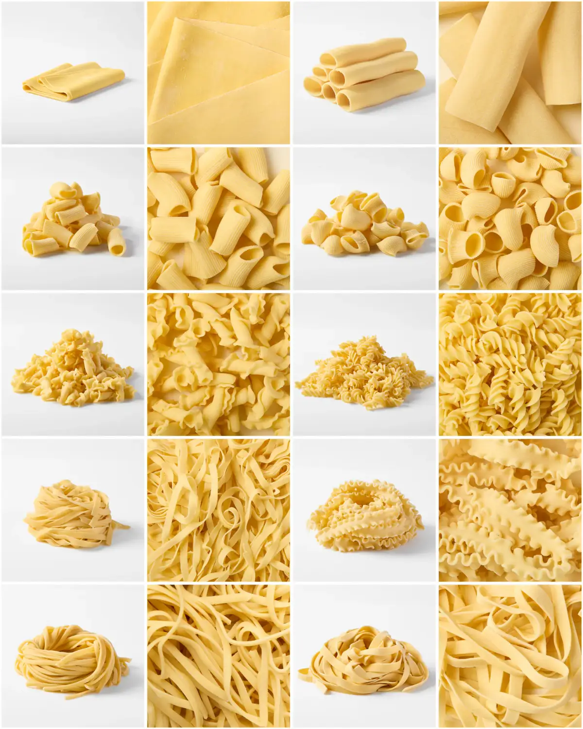 White-background product collage showing the La Delizia Lab range of fresh pasta sheets, tubes, spirals, shells, and ribbon pasta