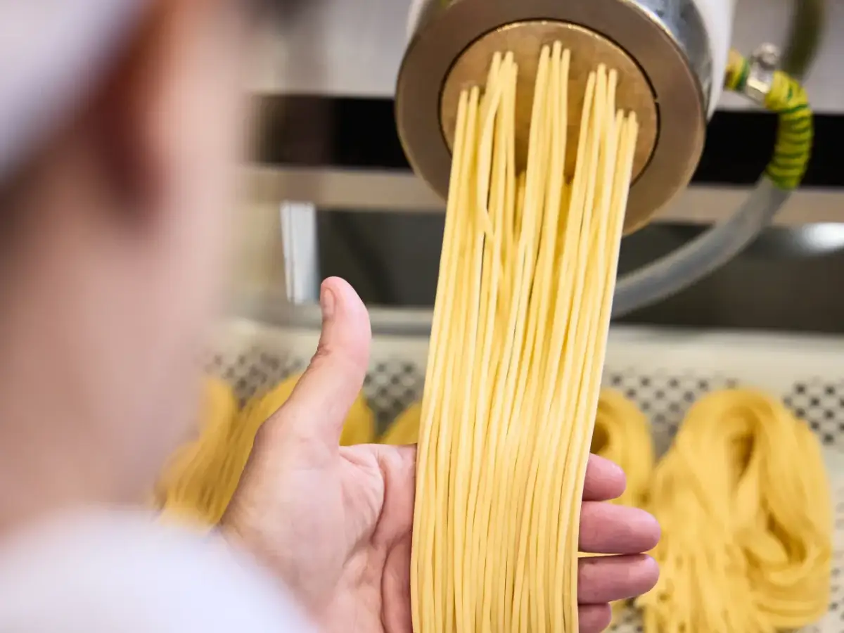 La Delizia Lab pasta maker drawing freshly extruded spaghetti from the machine, with nests of fresh pasta drying alongside