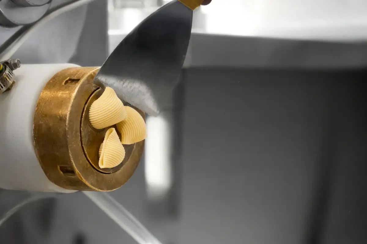 Close-up of fresh La Delizia Lab short pasta being shaped and cut at the bronze die of the pasta extruder