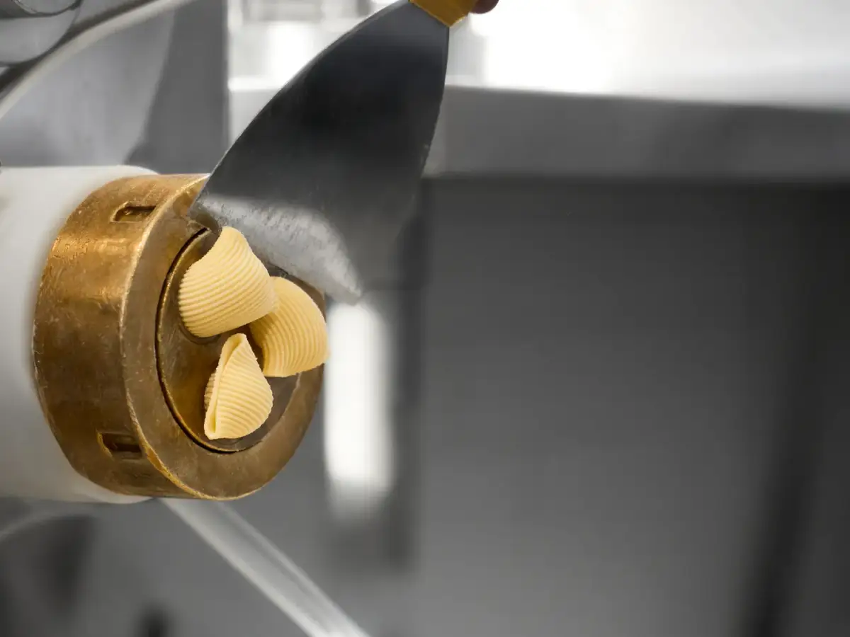 Close-up of fresh La Delizia Lab short pasta being shaped and cut at the bronze die of the pasta extruder