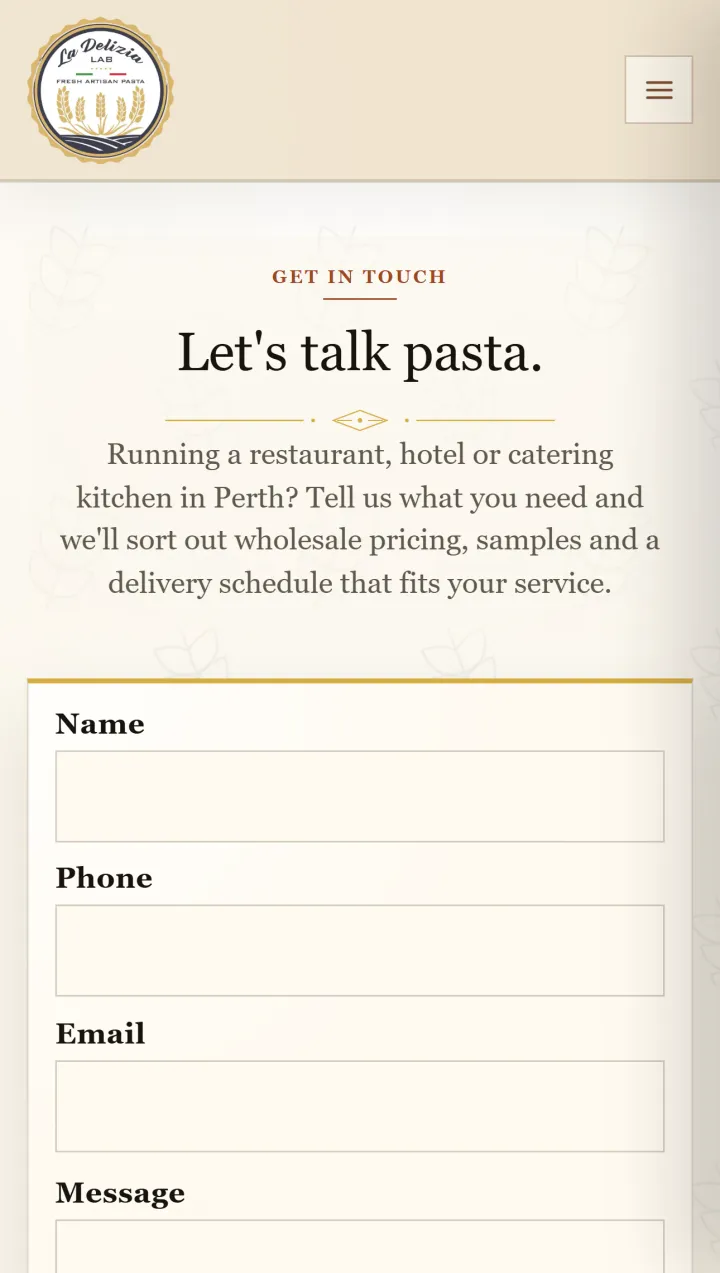 La Delizia Lab website contact section showing the wholesale pasta enquiry form and contact details.