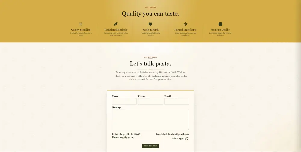 La Delizia Lab website contact section showing the wholesale pasta enquiry form and contact details.