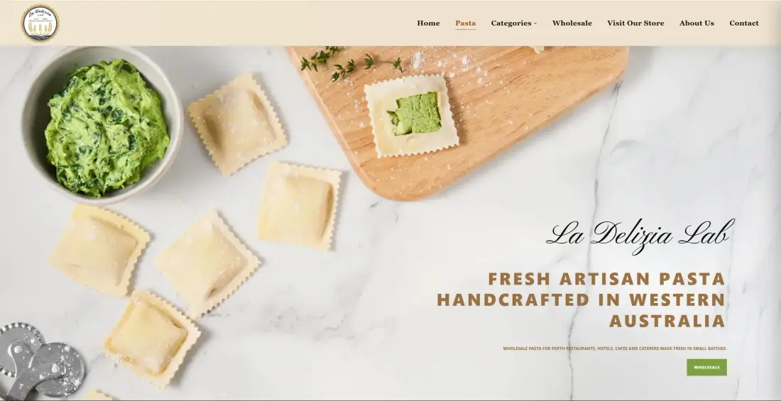 La Delizia Lab fresh pasta website homepage built for a Perth food producer.