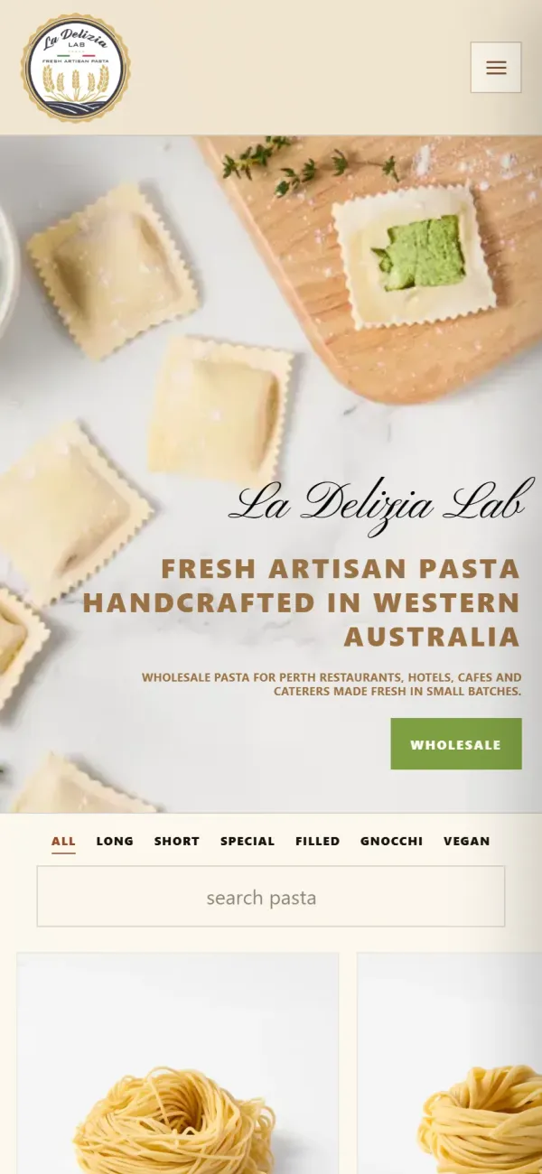 Mobile view of La Delizia Lab pasta store