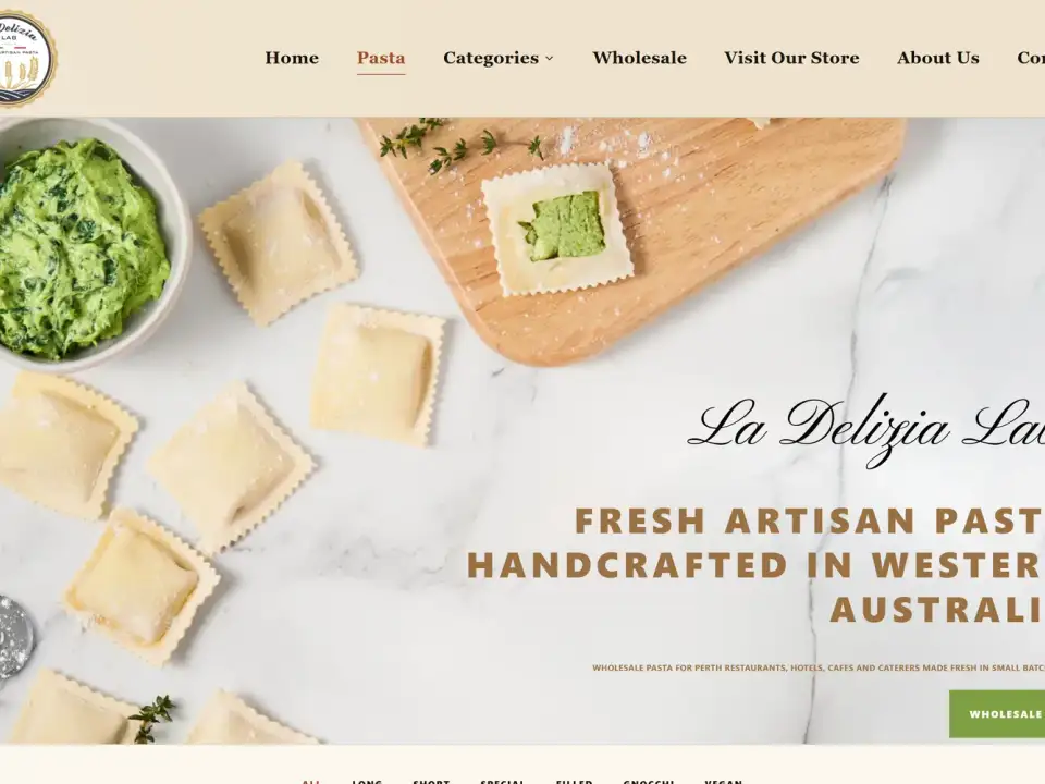 La Delizia Lab website homepage showing fresh ravioli photography with the headline Fresh Artisan Pasta Handcrafted in Western Australia and a wholesale call to action