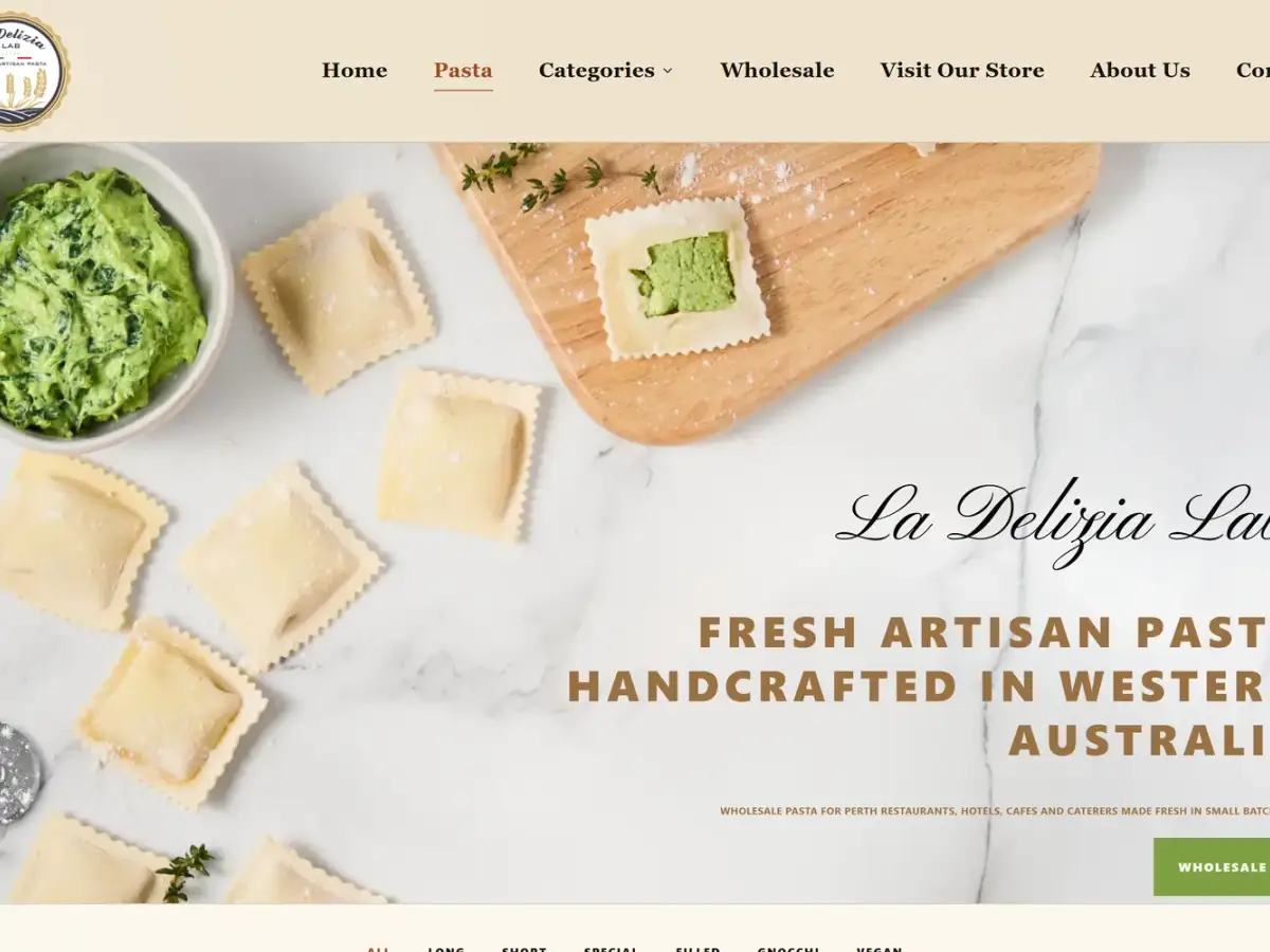 La Delizia Lab website homepage showing fresh ravioli photography with the headline Fresh Artisan Pasta Handcrafted in Western Australia and a wholesale call to action