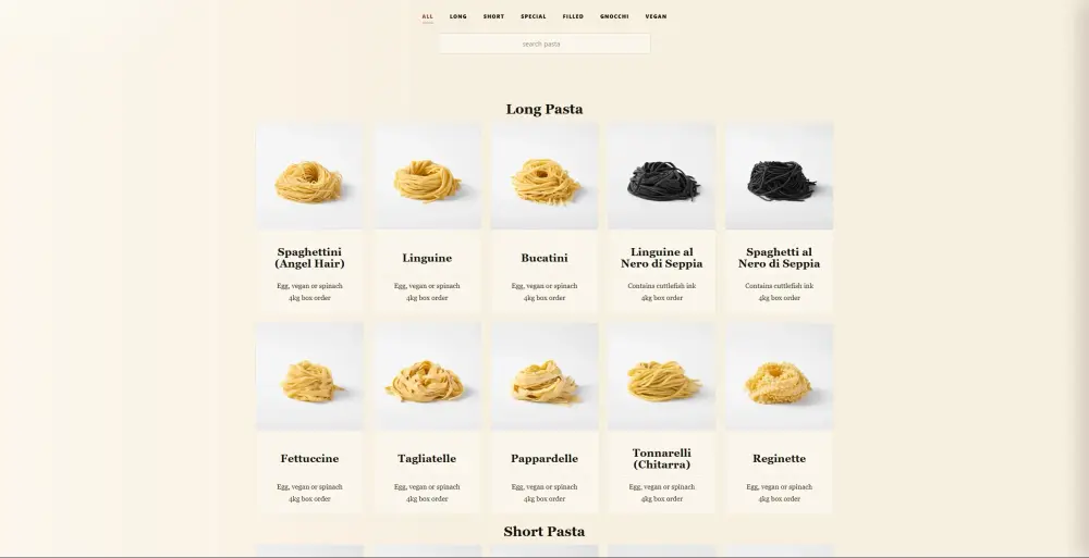 La Delizia Lab website pasta categories page organising the fresh pasta range into browsable product groups.