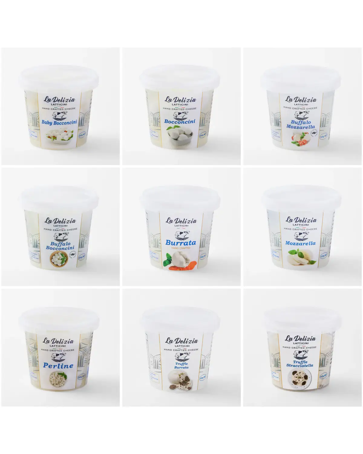 White-background product collage showing La Delizia Latticini retail tubs of bocconcini, burrata, mozzarella, perline, and stracciatella