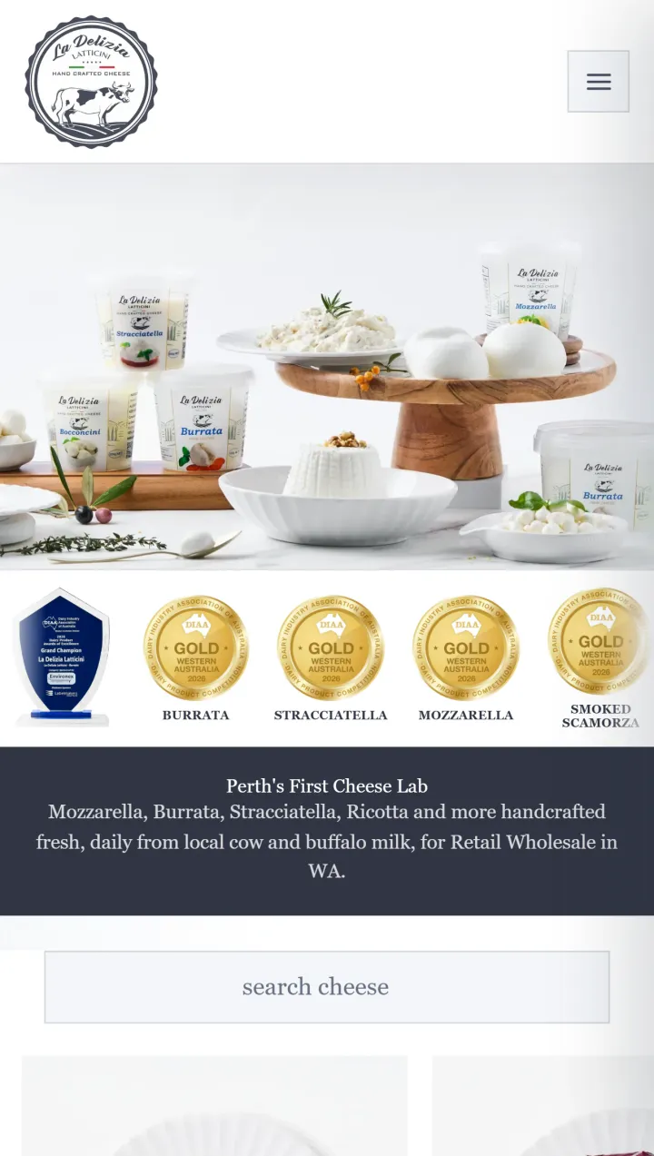 La Delizia Latticini website homepage showcasing handcrafted Italian cheese with warm product photography and artisan storytelling.