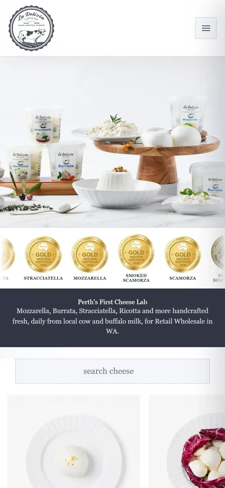 Mobile view of the La Delizia Latticini website showing the cheese range and navigation on a phone screen