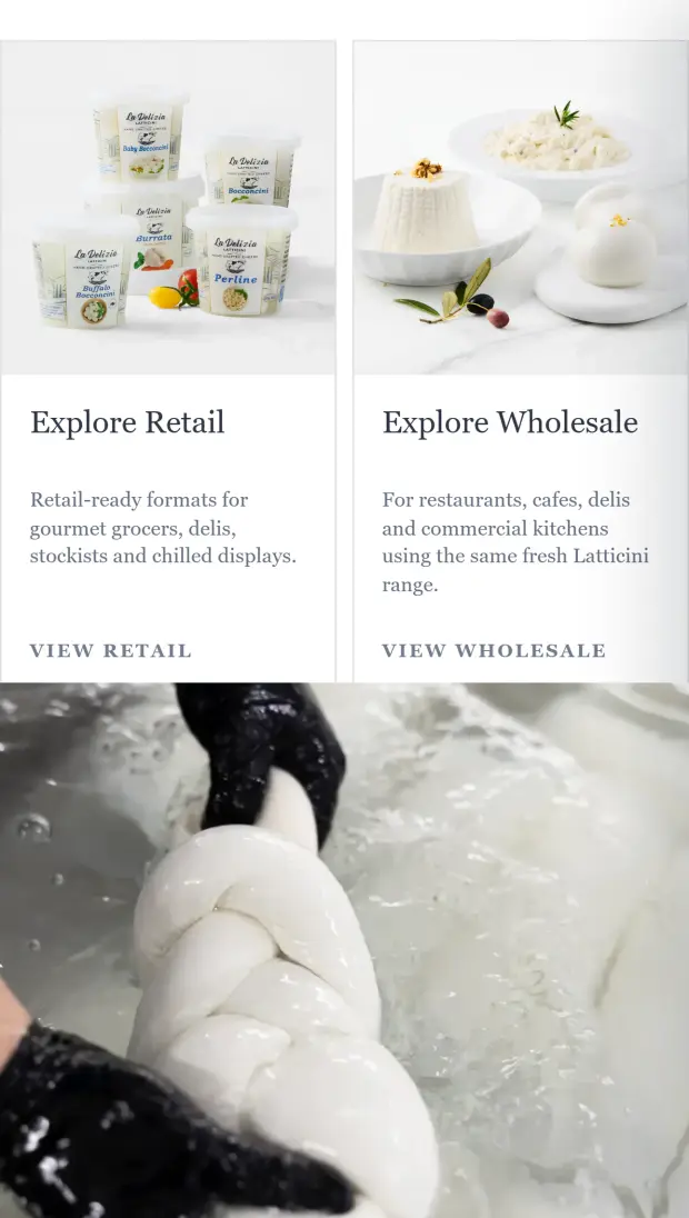 La Delizia Latticini website product category page showing the fresh cheese range.