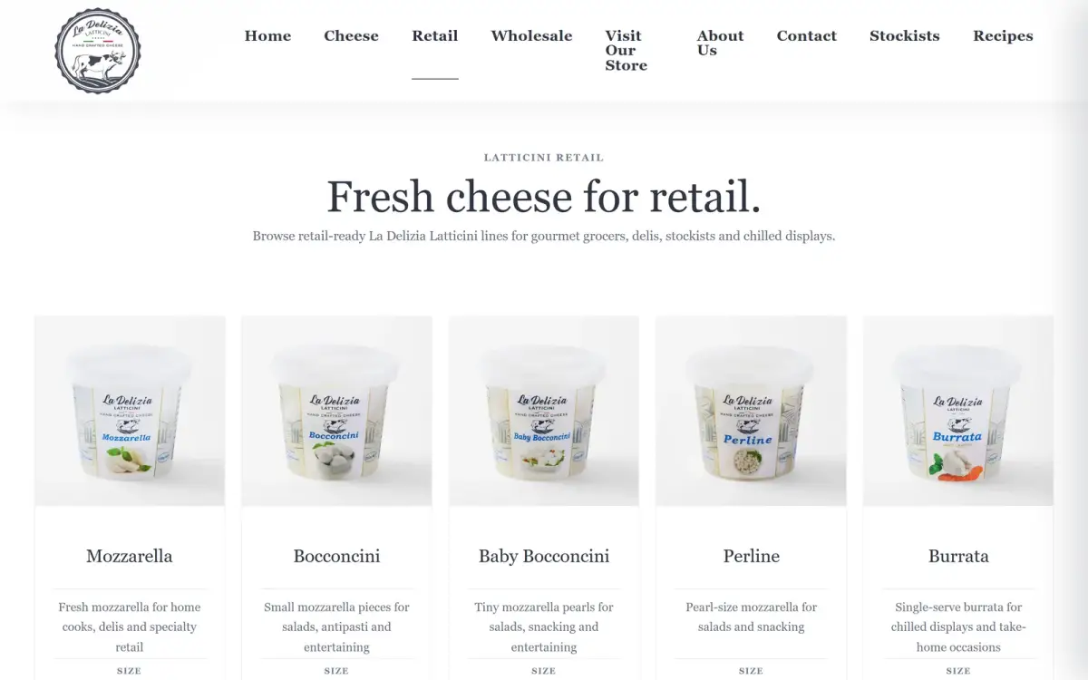 La Delizia Latticini website retail page presenting the fresh cheese range for shoppers and delis