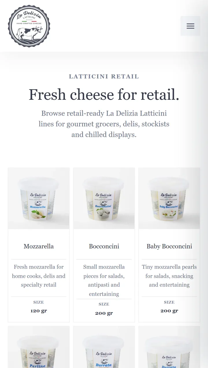 La Delizia Latticini website retail catalogue showing packaged cheese products and descriptions.