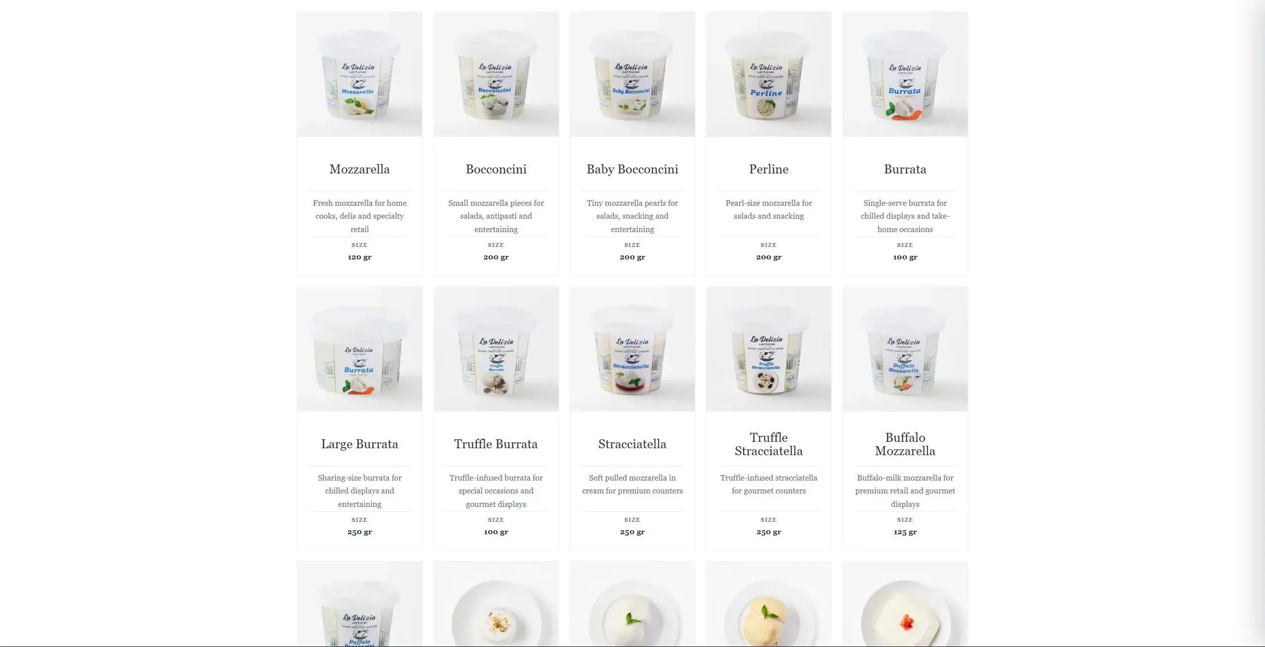 La Delizia Latticini website retail products page.