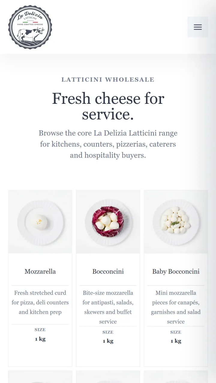La Delizia Latticini website wholesale catalogue showing food-service cheese products and ordering details.