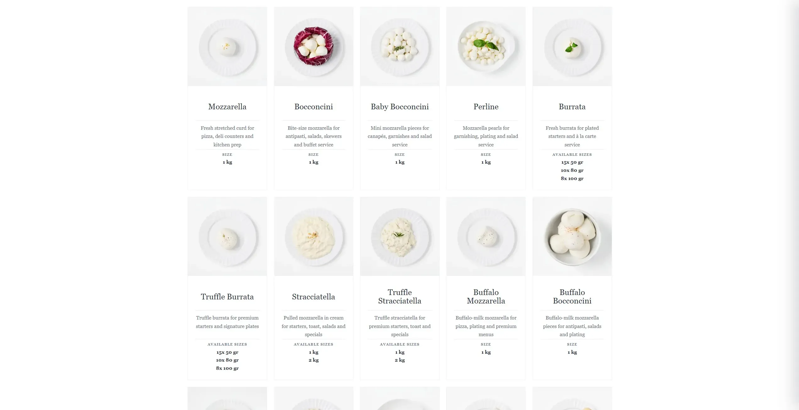 La Delizia Latticini website wholesale products page for food service buyers.