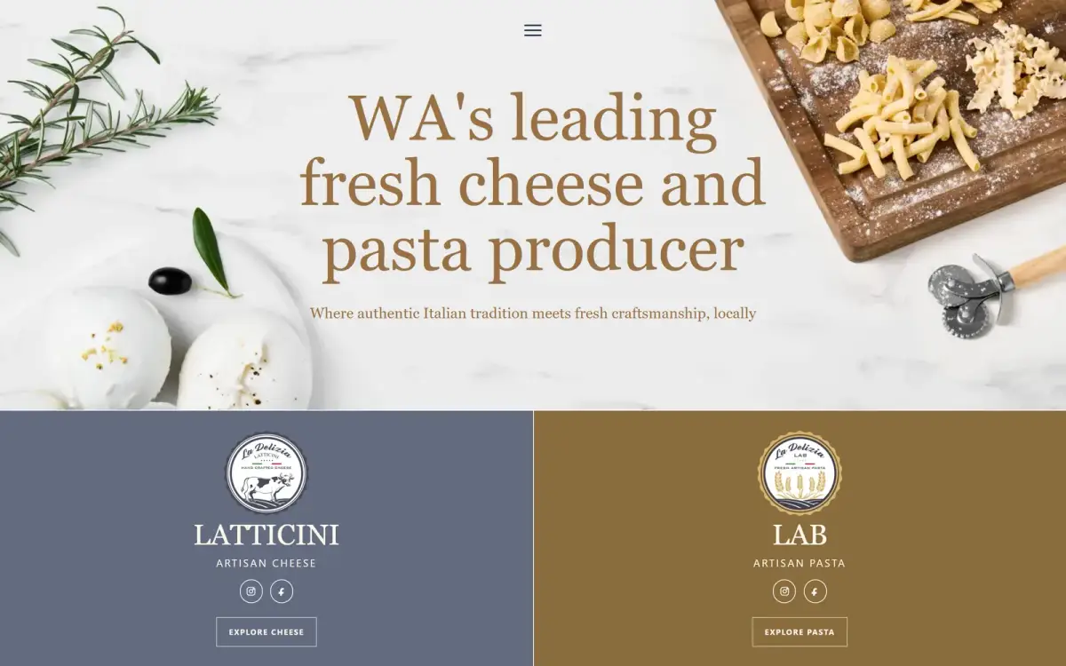 La Delizia root homepage splitting into two brands, with a navy Latticini artisan cheese panel and a gold Lab artisan pasta panel