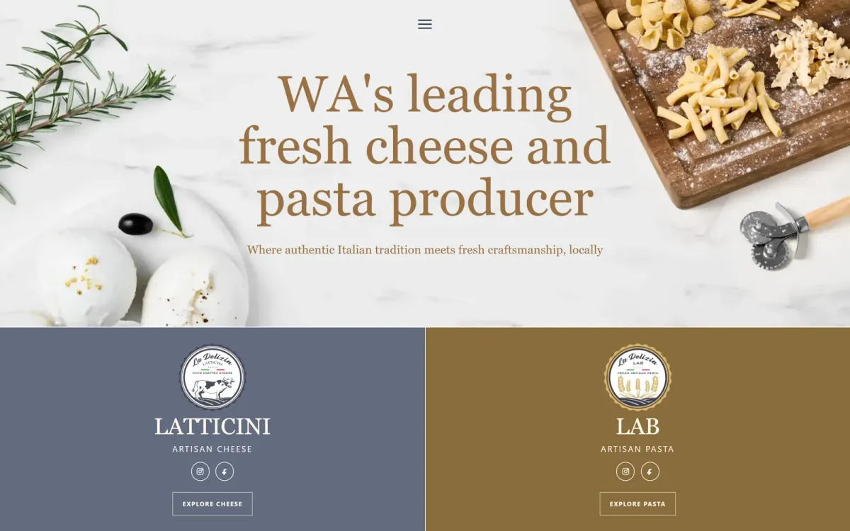 La Delizia root homepage brand selector splitting into Latticini artisan cheese and Lab artisan pasta
