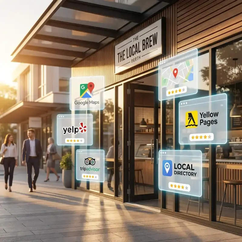 Perth café storefront surrounded by digital directory listings including Google Maps, TripAdvisor, and local business directories