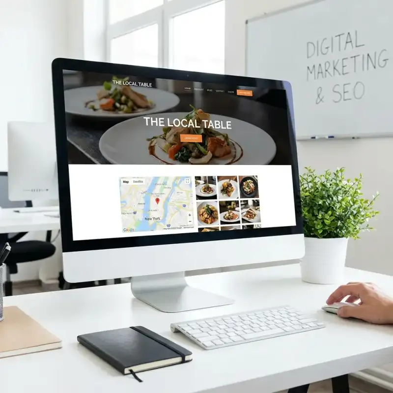 Digital marketer designing a location-specific landing page for a Perth restaurant on a desktop monitor