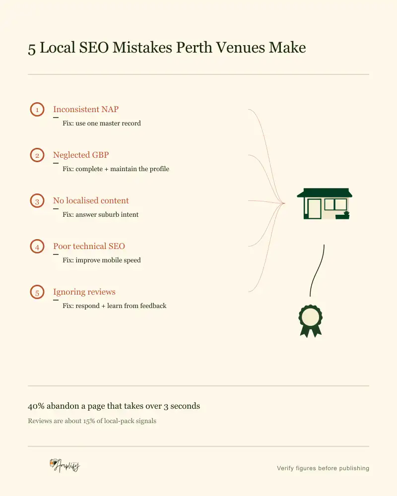 Five local SEO mistakes Perth venues make, each paired with its fix, with fault lines converging on a single venue illustration