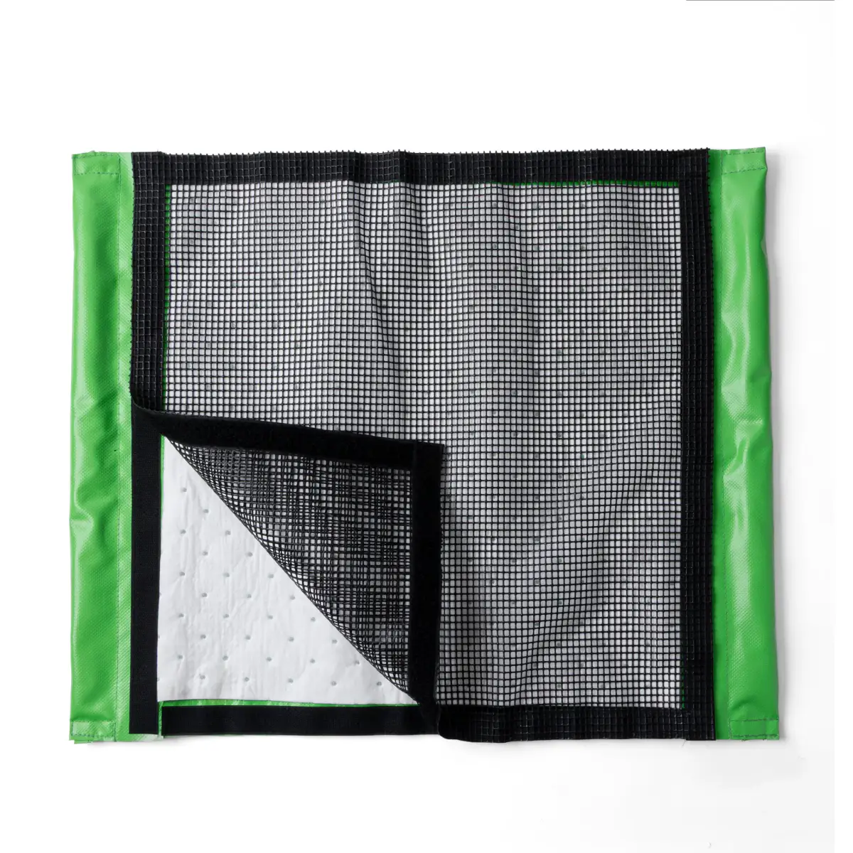 Lubie green and black spill-containment mat opened to show the mesh top and absorbent inner layer