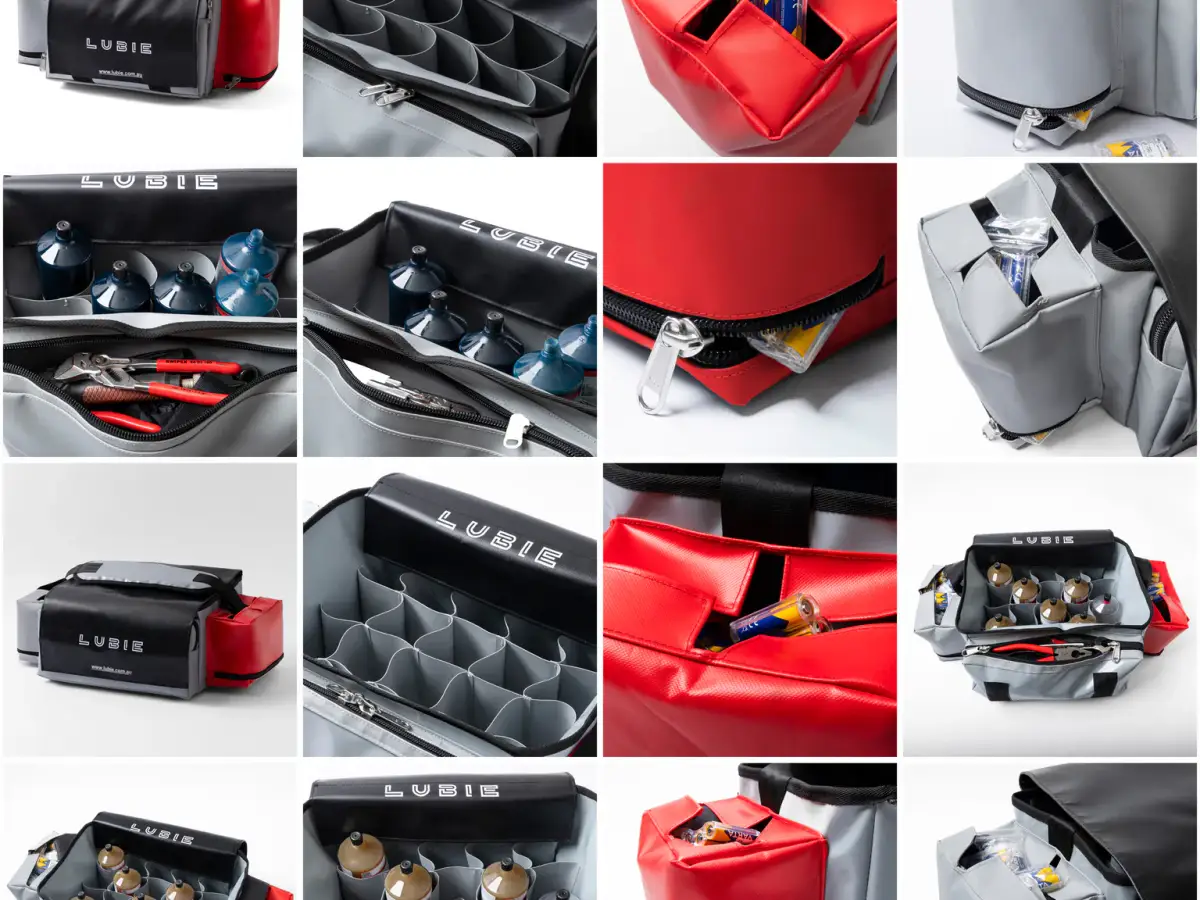 White-background product collage showing Lubie SPL industrial maintenance bags, compartments, battery pockets, and tool storage