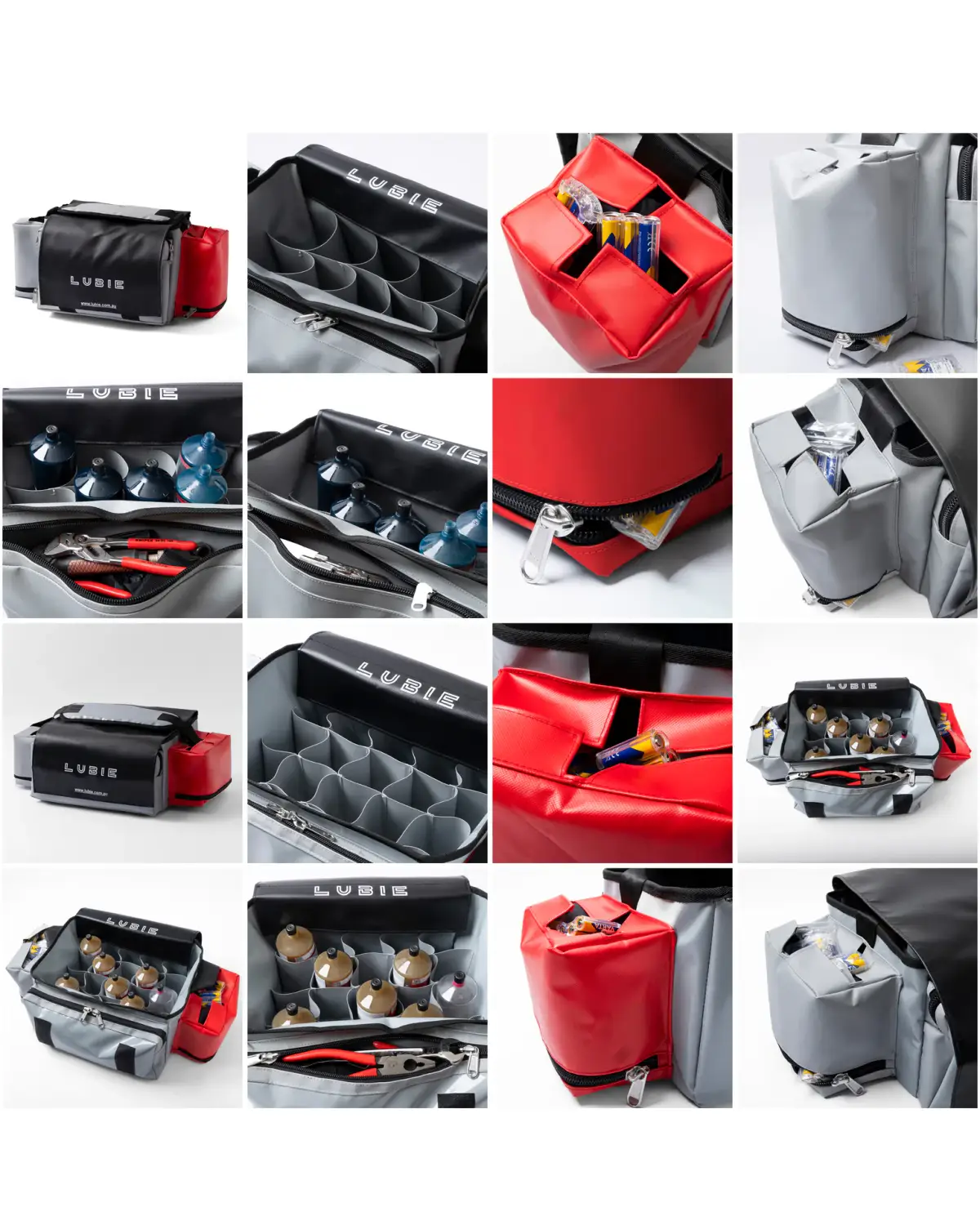 White-background product collage showing Lubie SPL industrial maintenance bags, compartments, battery pockets, and tool storage
