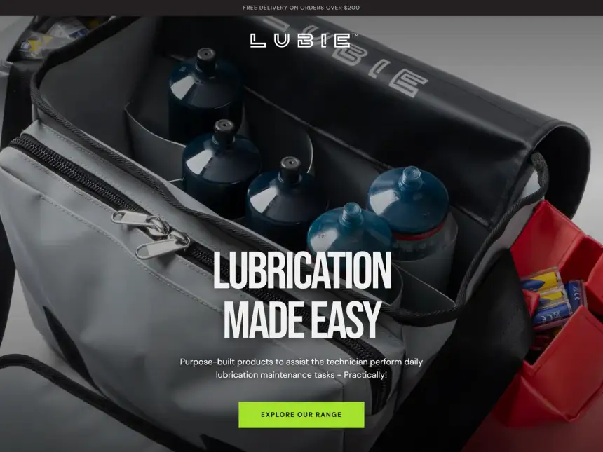 Lubie website homepage showing an open SPL maintenance bag loaded with lubricant cartridges and batteries, with the headline Lubrication Made Easy