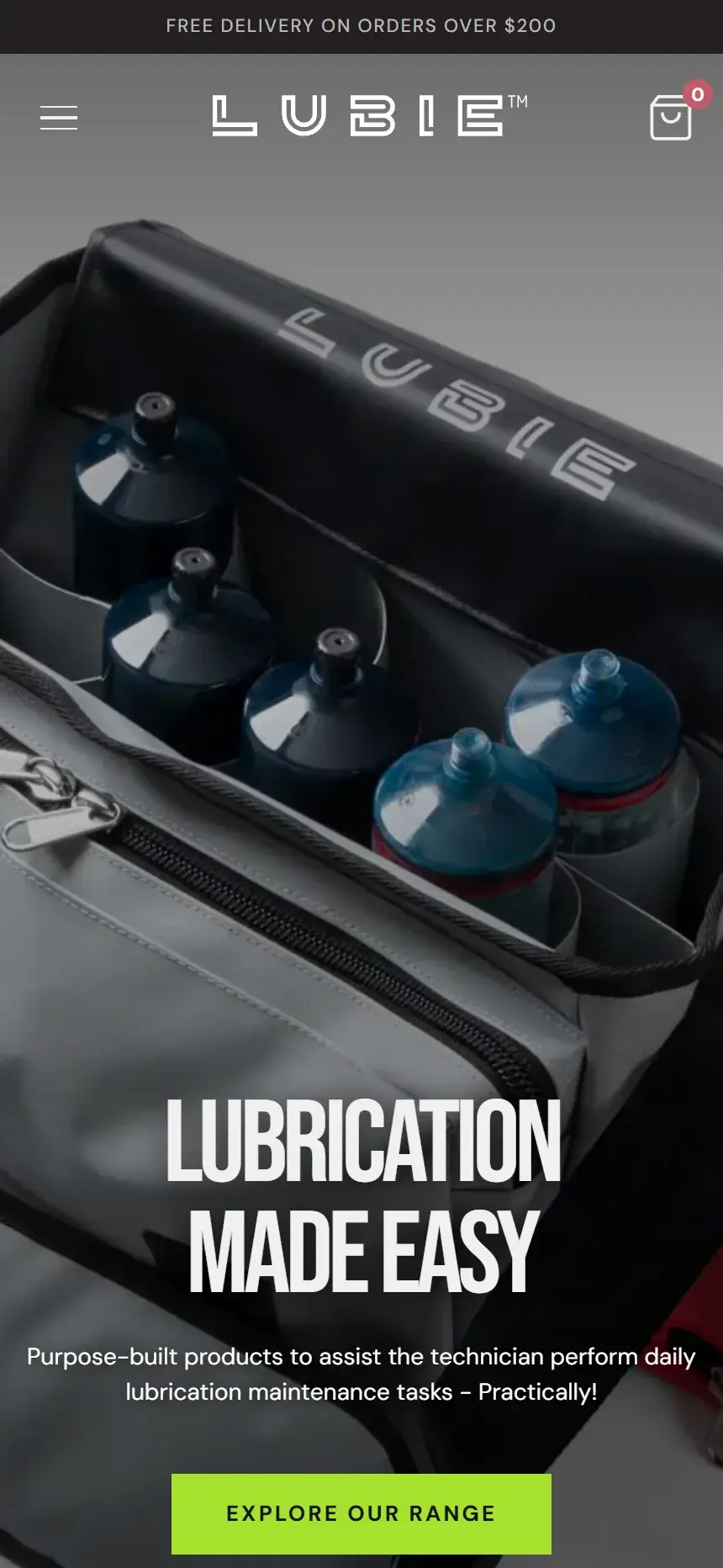 Mobile view of the Lubie website homepage showing the industrial maintenance bag hero on a phone screen