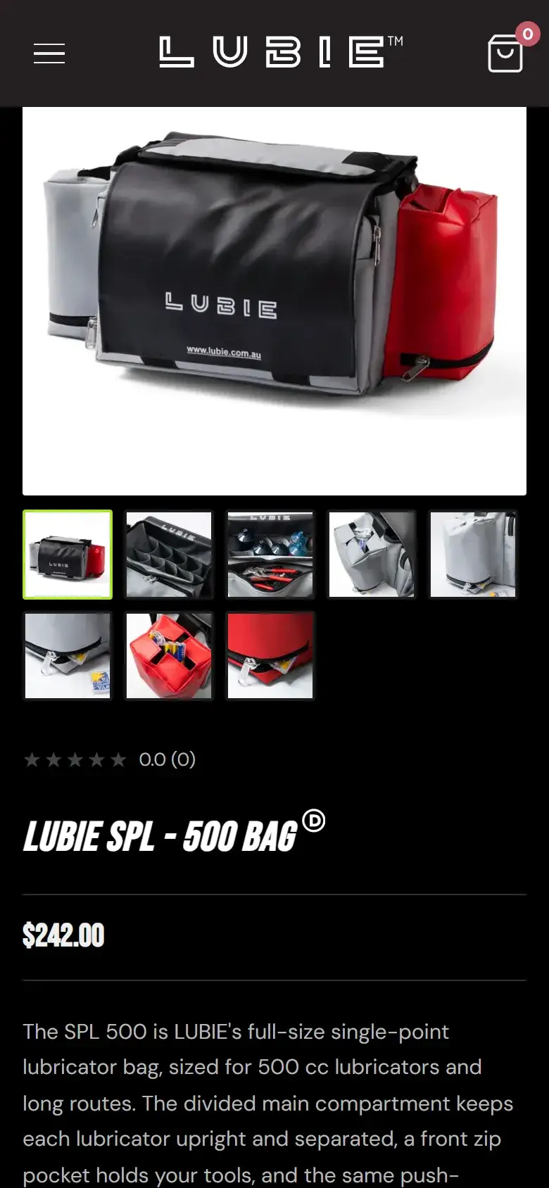 Mobile view of the Lubie SPL 500 bag product page showing the product photo, eight thumbnail views, the price and a description of the divided lubricator compartments