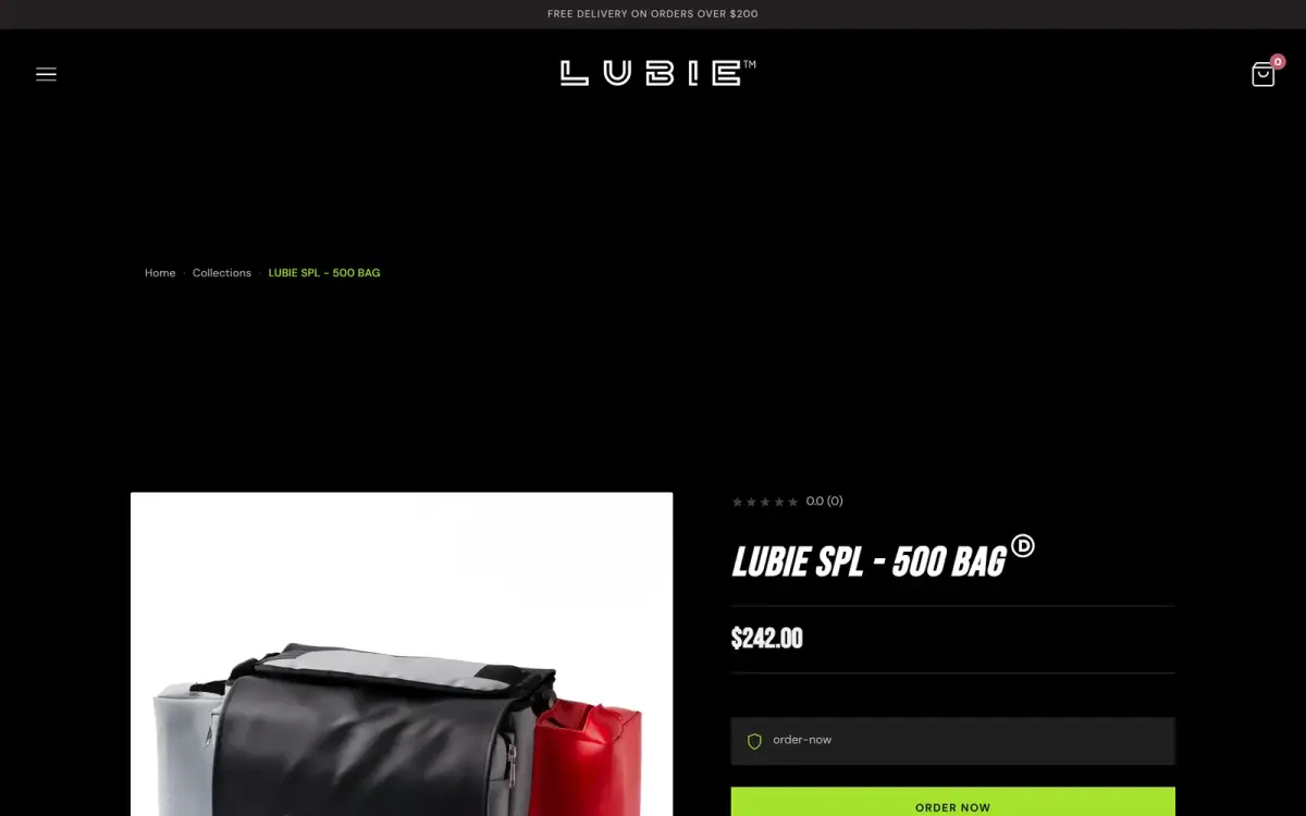 Lubie website product page for the SPL 500 bag showing price, ordering action and breadcrumb navigation on a dark industrial layout