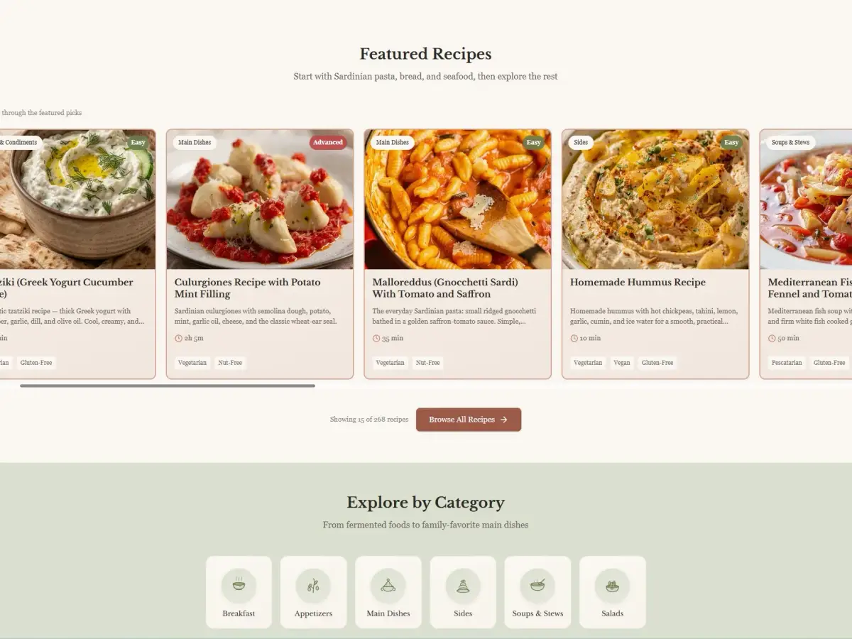 Mediterranean Joy featured recipes page showing a browsable collection of Mediterranean dishes with editorial food photography