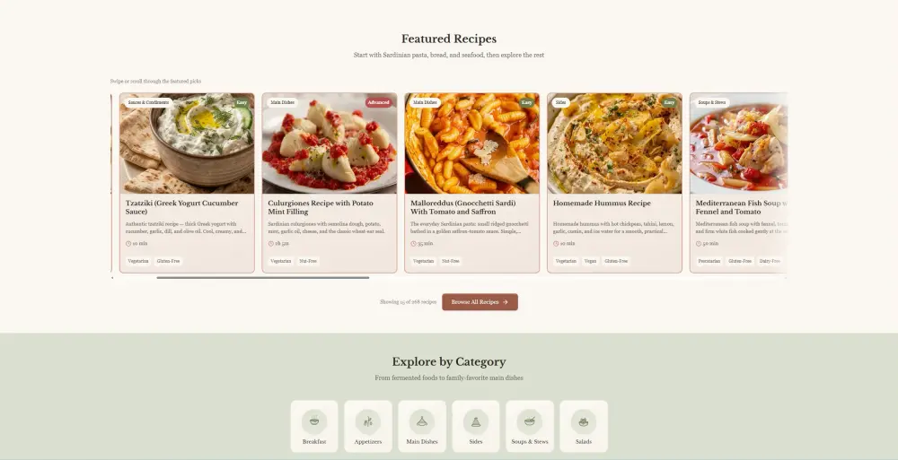 Mediterranean Joy website featured recipes section showing a browsable collection of Sardinian and Mediterranean dishes.