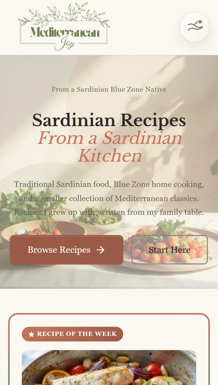 Mediterranean Joy website homepage with an editorial Mediterranean hero section, warm food photography, and story-led copy.