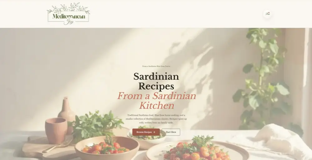 Mediterranean Joy website homepage with an editorial Mediterranean hero section, warm food photography, and story-led copy.