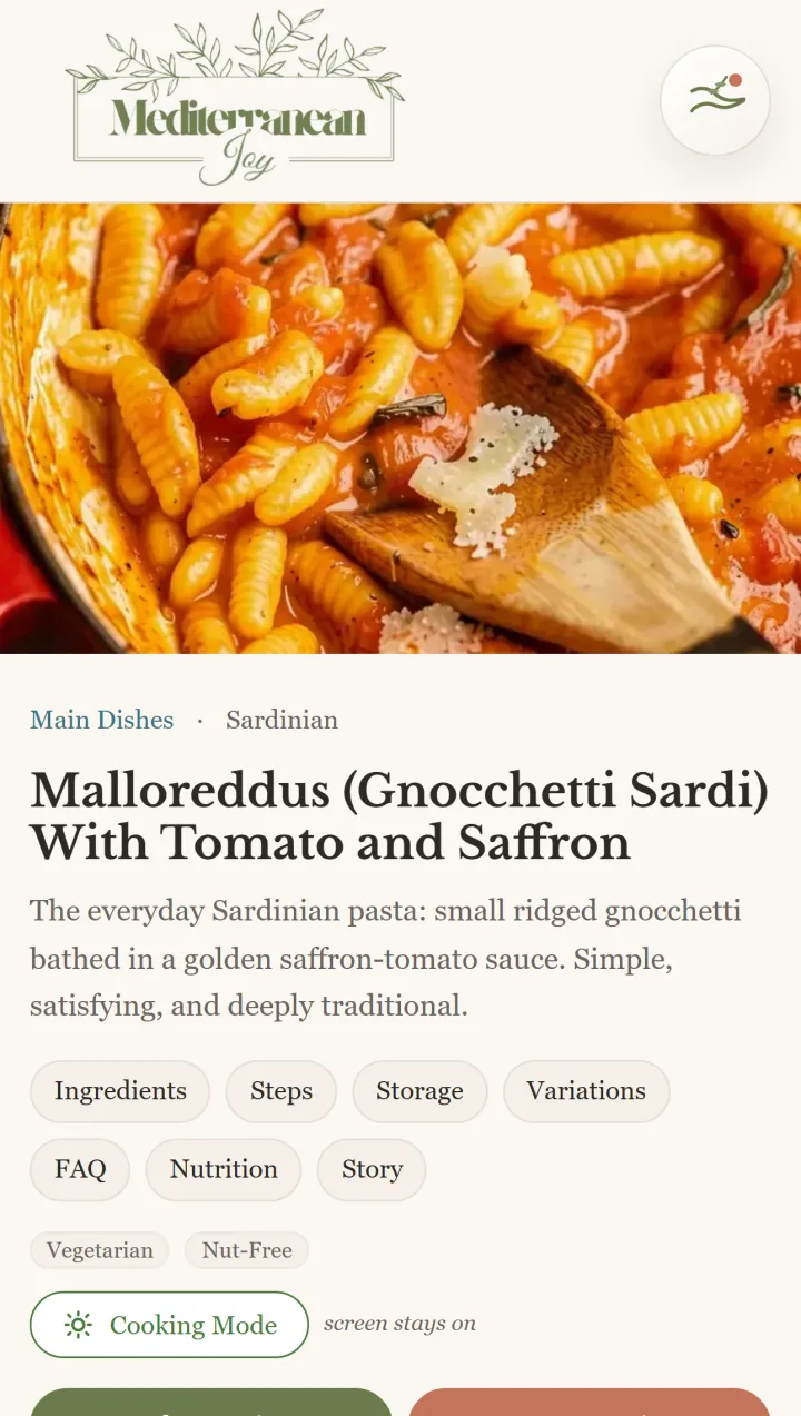 Mediterranean Joy website recipe detail page showing a Malloreddus recipe with ingredients and cooking information.