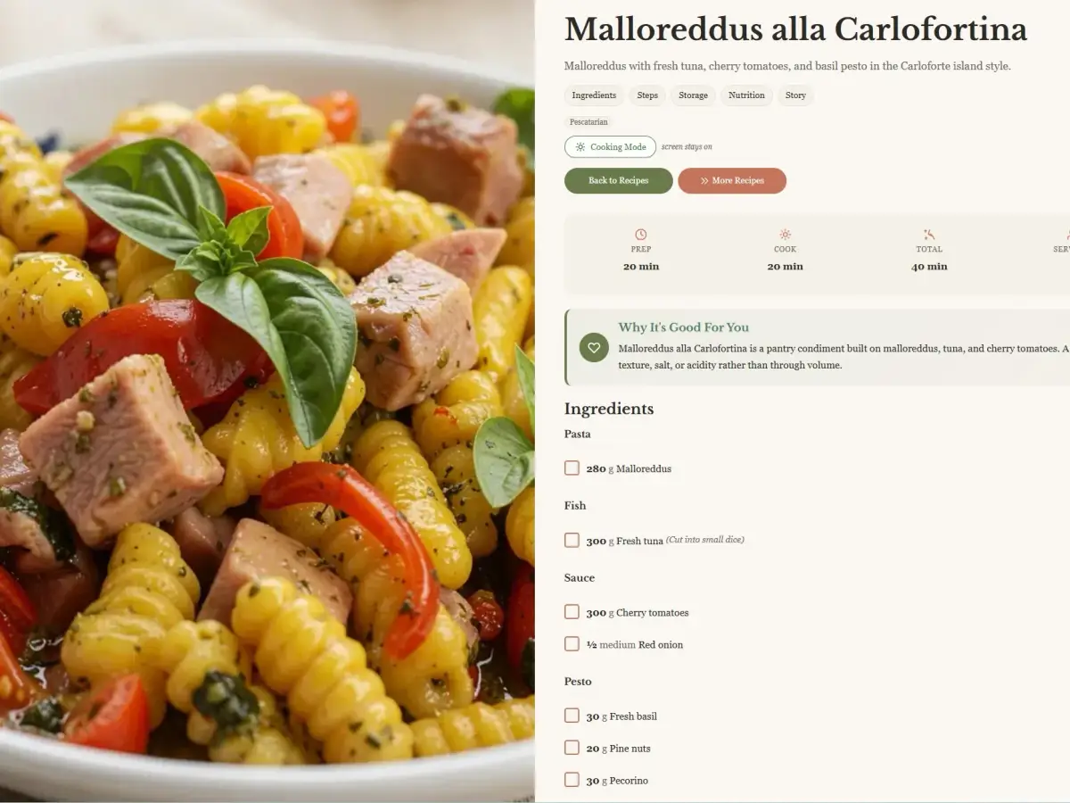 Mediterranean Joy recipe detail page showing a structured recipe layout with ingredients, method, and warm editorial styling