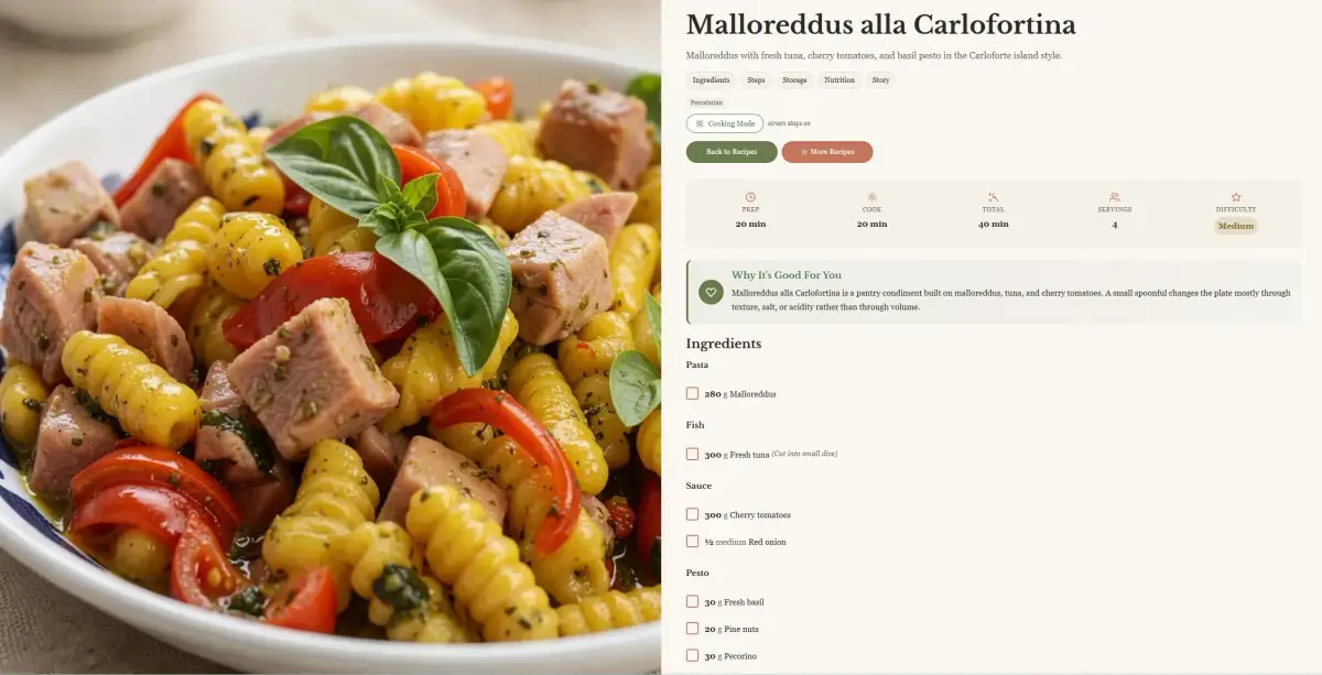 Mediterranean Joy recipe detail page showing a structured recipe layout with ingredients, method, and warm editorial styling