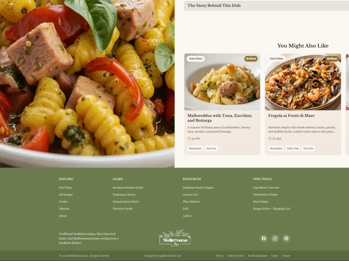 Mediterranean Joy related recipes section connecting readers with more Mediterranean dishes through warm editorial cards