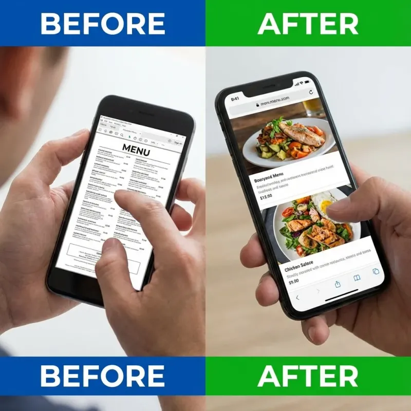 Side-by-side comparison of the old PDF menu (left) showing pinch-zoom requirement and new responsive HTML menu (right) showing clean mobile layout on a smartphone.