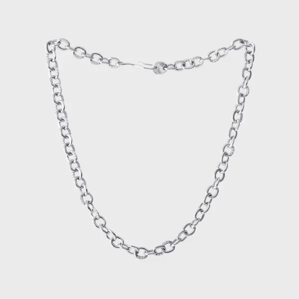 Bold silver diamond-link necklace photographed to show its full form and clasp.